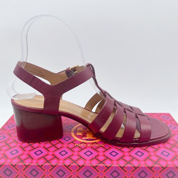 TORY BURCH FISHERMAN BLOCK HEEL SANDALS Claret Red Leather Womens US 6.5 - Picture 7 of 10